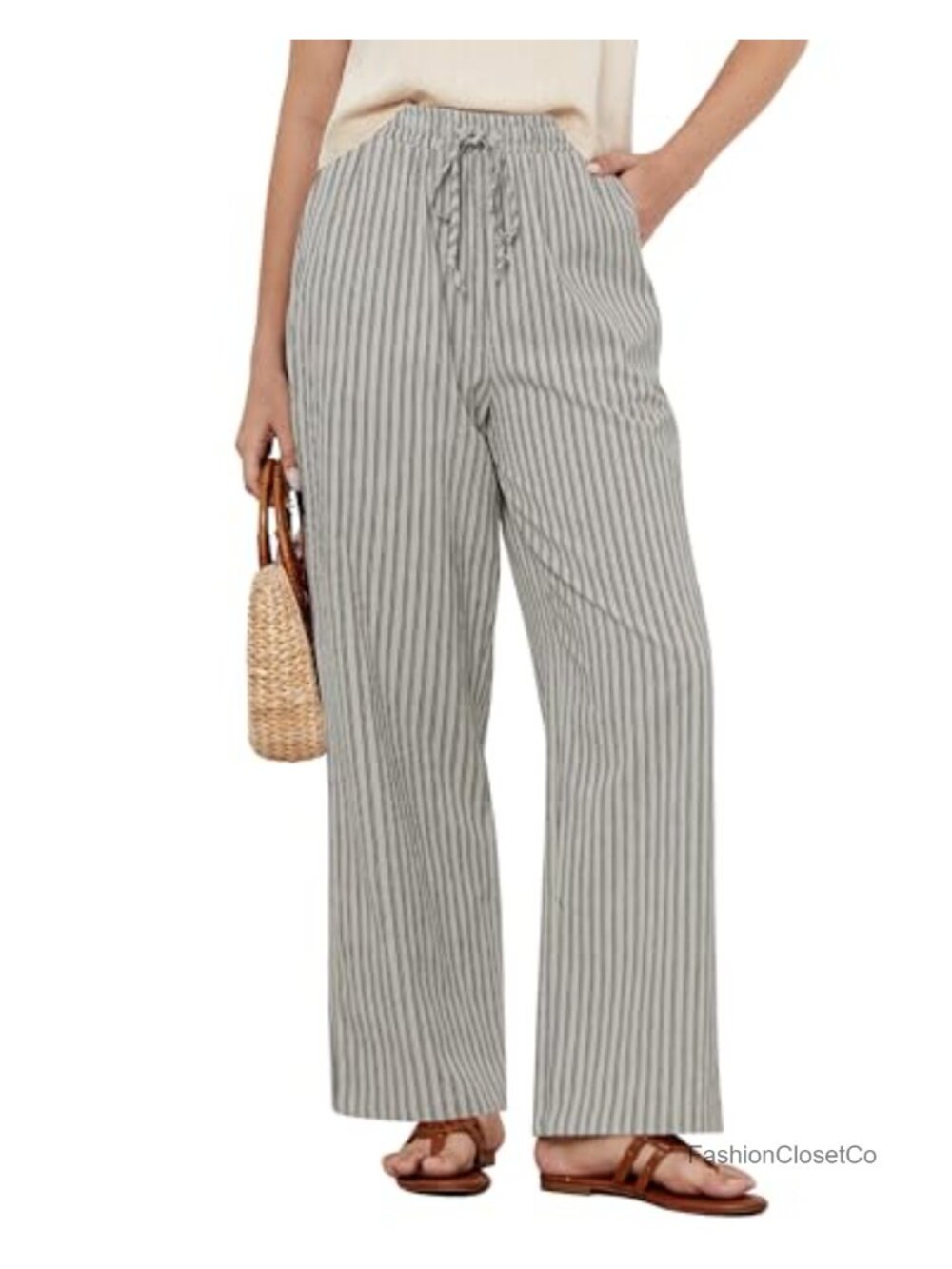 High Waisted Wide Leg Cotton Linen Flowy Pants Elastic Waist Beach Casual